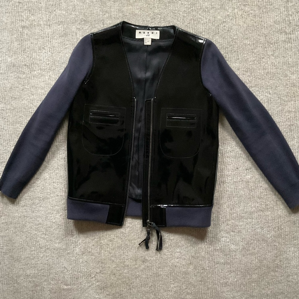 Marni x H&M Baseball Jacket bomber black patent leather navy knit Utility S 6 4